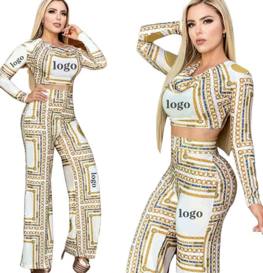 J2618 Womens Fashion Luxury Set Short Top Casual Designer Printed Trousers Two Piece Set