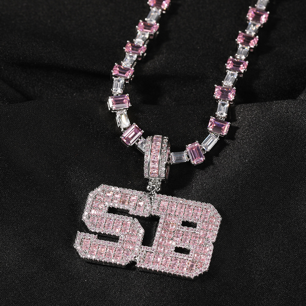Hip Hop Pink T Zircon A-Z Letters Pendant Necklace with Pink Square Zircon Tennis Chain Rap Jewelry