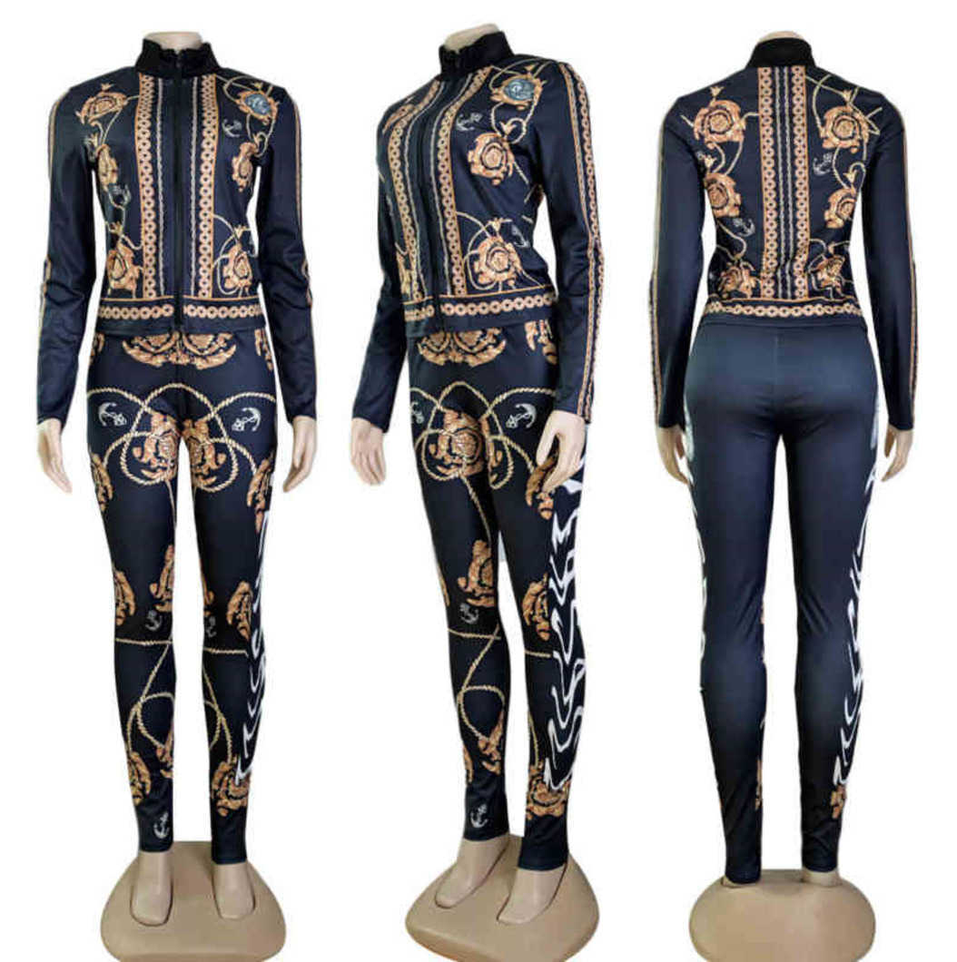 J2720 Women sports tracksuits Luxury Fashion Temperament Commuter Casual Printed Zipper Top Trousers Two-piece Set