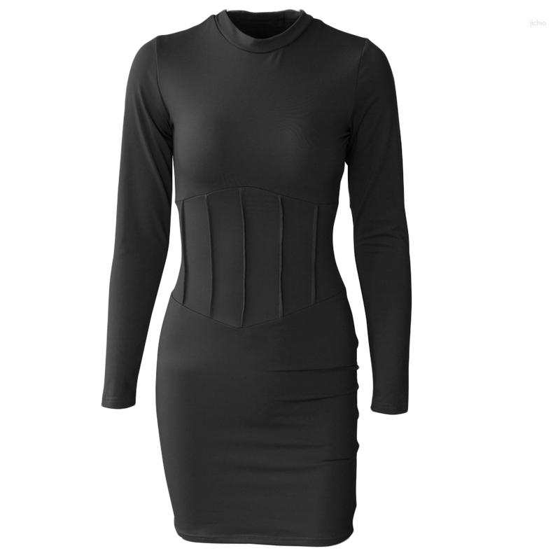 Casual Dresses Women Long Sleeve O-Neck Bodycon Mini Dress Solid Color Ruched Striped High Waist Sexy Package Hip Basic Party Clubwear