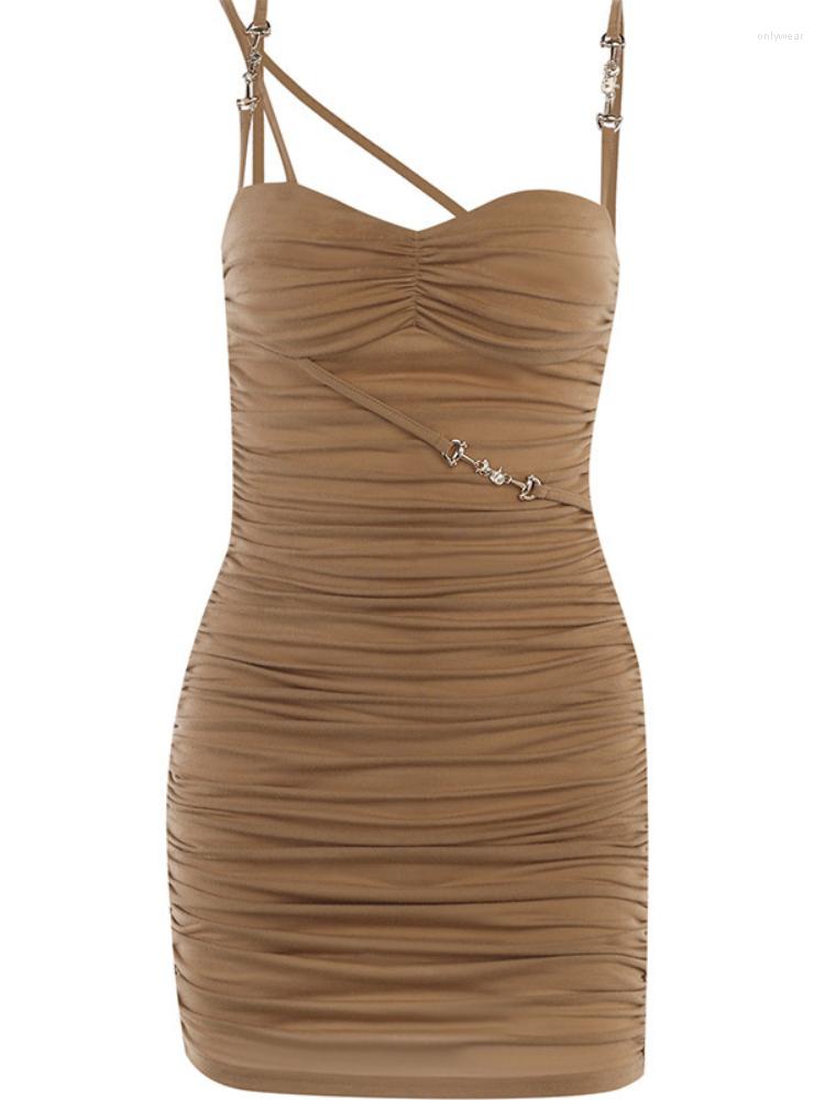 Casual Dresses Black Slip Dress Women Streetwear Elegant Slim Folds Mini Summer Spaghetti Strap Strapless Backless Girl