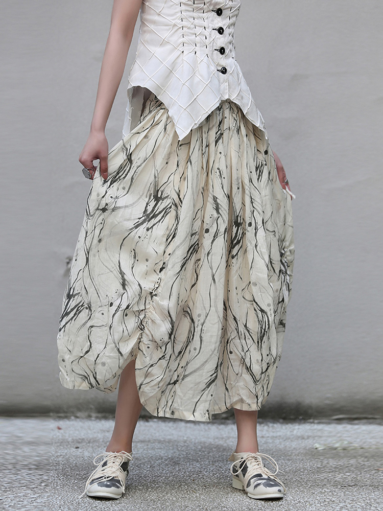 Skirts EAM High Elastic Waist Apricot Pattern Printed Long Vintage Halfbody Skirt Women Fashion Spring Autumn 2023 1DF7968 230720
