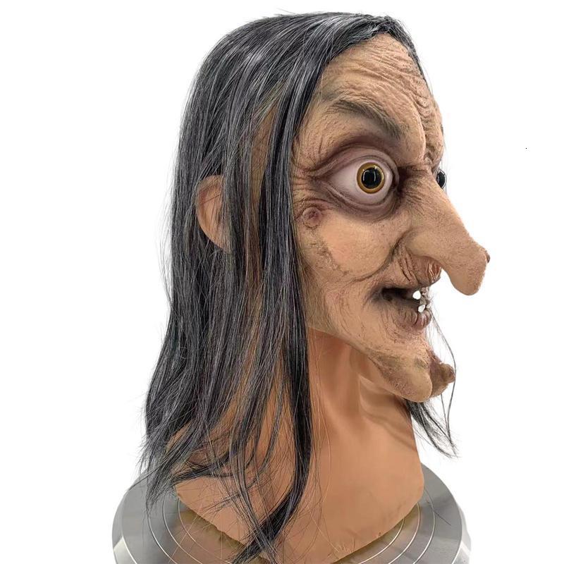 Party Masks Halloween Horror Old Witch Latex Head Cover Realistic Scary Mask With Hair Costume Cosplay Prop Ghost House 230721