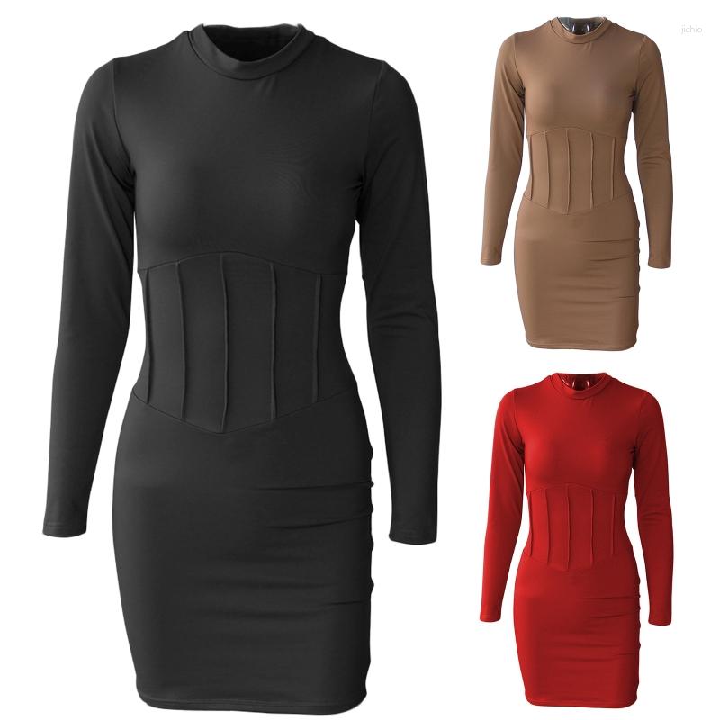 Casual Dresses Women Long Sleeve O-Neck Bodycon Mini Dress Solid Color Ruched Striped High Waist Sexy Package Hip Basic Party Clubwear