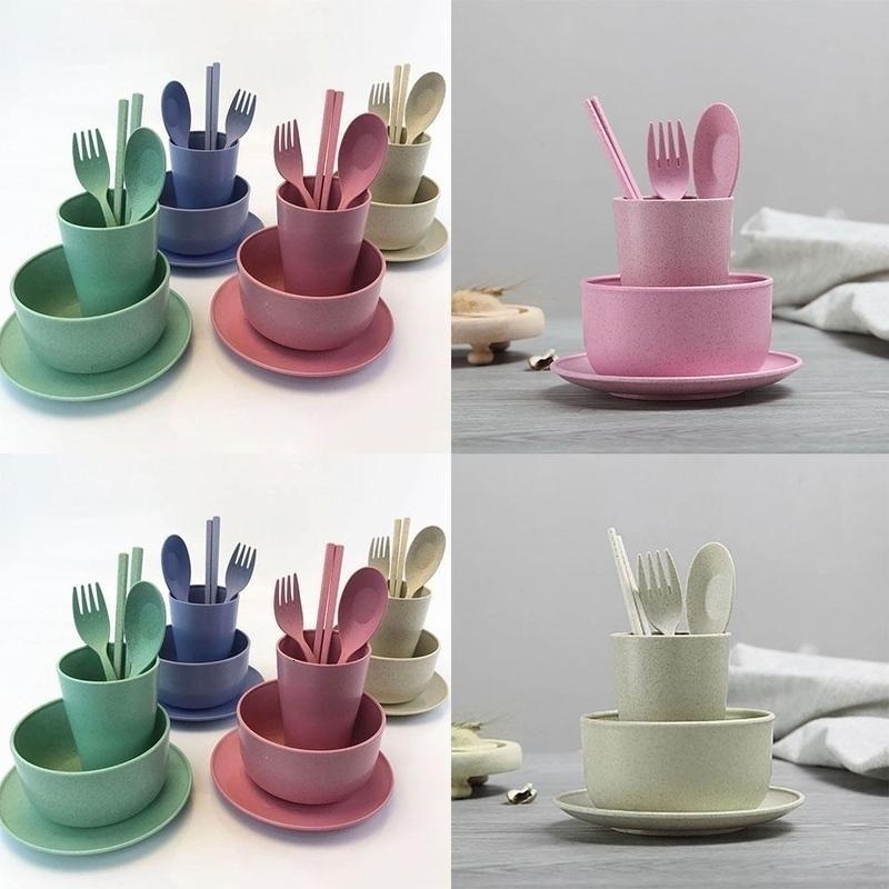 Cups Dishes Utensils 6Pcs/Set Wheat Straw Baby Tableware Children Food Dishes Bowl Feeding Infant Learning Dinnerware Spoon Chopsticks Fork Cup 230720