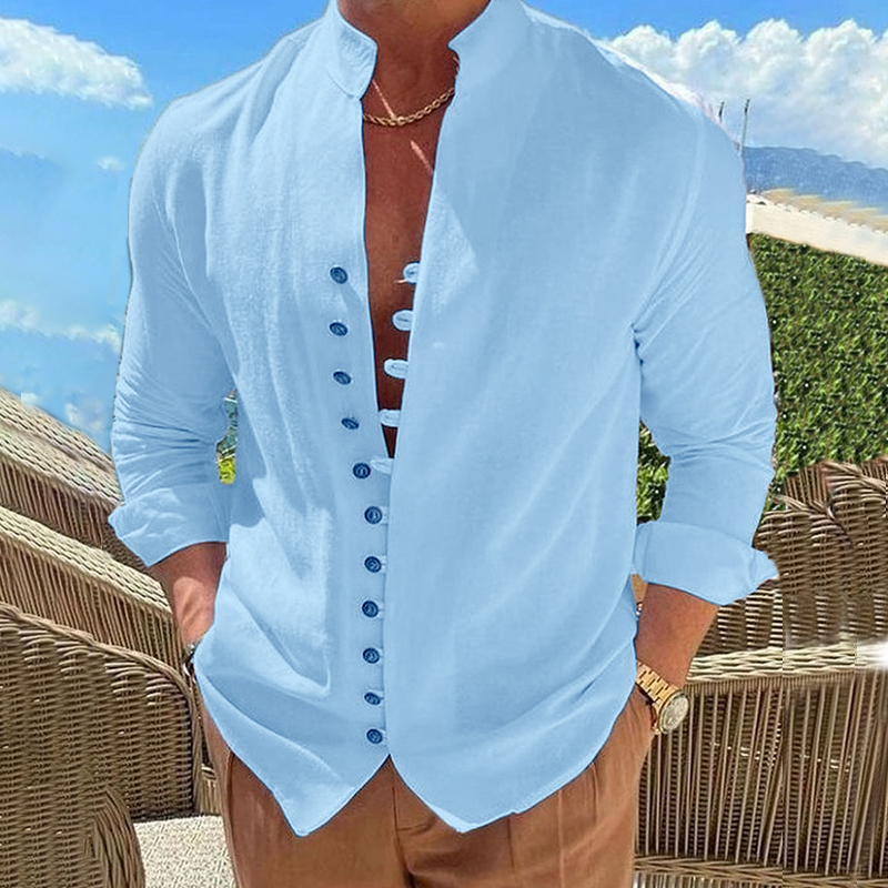 Men's Casual Shirts Men's Solid Color Linen Long Sleeve Shirt Button Shirts Trend vintage Stand Collar Casual Cotton Tops USSize 230720