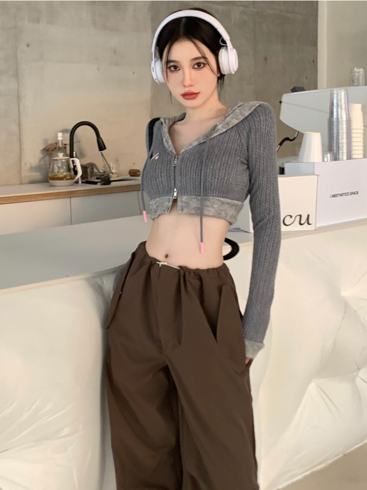 Women's Knits Tees Deeptown Y2K Vintage Hooded Cropped Cardigan Women Harajuku Kpop Zipper Knitted Sweater Korean Fashion Slim Long Sleeve Tops 0