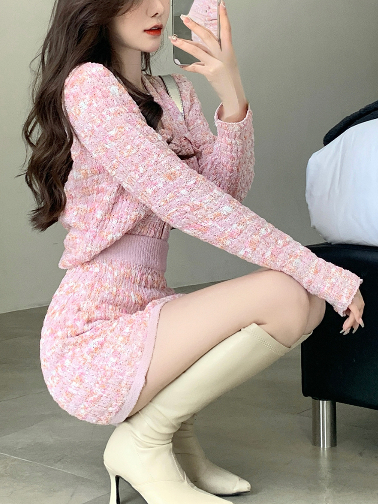 Two Piece Dress Two Piece Dress Set Sweet Cardigan Sweater Slim Skirt Pink Elegant Y2k Mini Dress Autumn Office Lady Casual Knitted Suits 230720