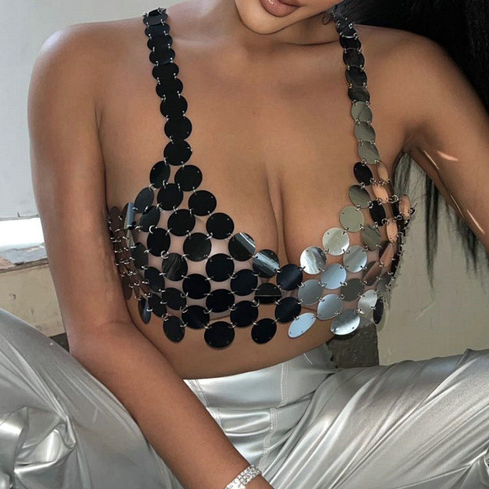 Skirts Mini Skirt Shiny Sequins Metal Chain Patchwork Woman Hollow Out Transparent Fashion Elegant Solid Short Bottom Women Girls 230720