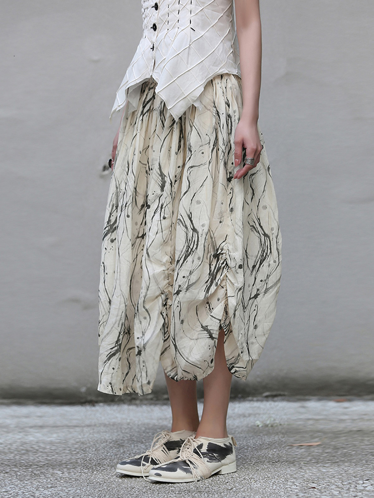Skirts EAM High Elastic Waist Apricot Pattern Printed Long Vintage Halfbody Skirt Women Fashion Spring Autumn 2023 1DF7968 230720
