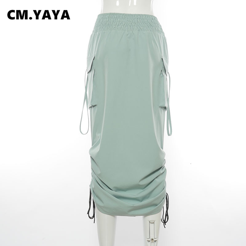Skirts CMYAYA Loose Side Drawstring Pleating Solid Women Adjustable Length Skirt with Pockets Female Casual Streetwear 230720