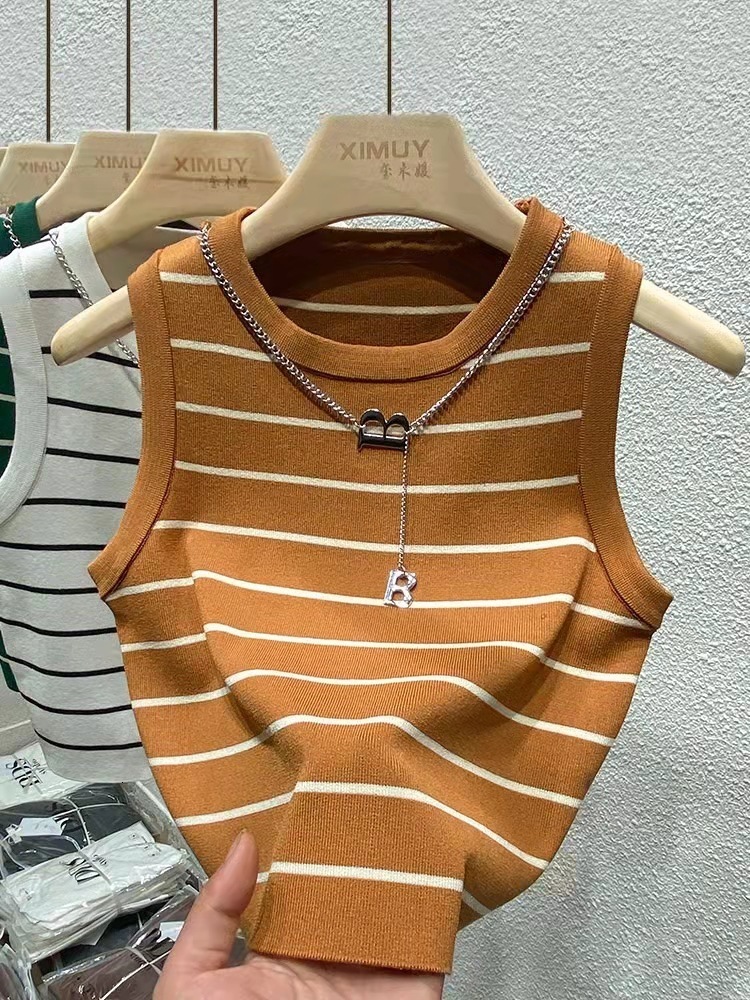 Women's Tanks Camis Spring Summer Striped Knitted Sleeveless Top High Waist Navel Short Vest Tshirt Tops Tank for Women White Corset 230720