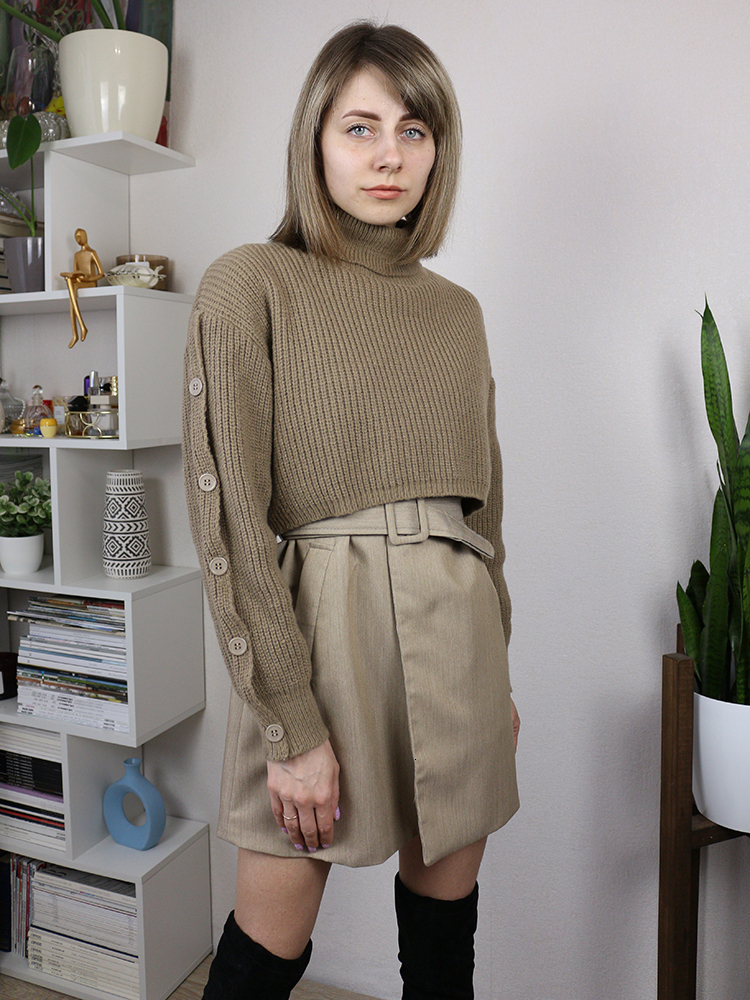 Two Piece Dress Autumn Winter Knit Two Piece Set Women's Single-breasted Turtleneck Cropped Pullover Sweater V-neck Vest Dress Solid Women Suit 2 - view 7
