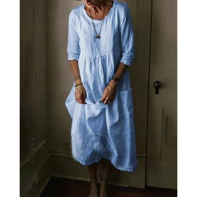 Basic Cotton En Casual S-5Xl Solid Color O-Neck Half Sleeve Women Long Vintage Large Size A-E Dress Summer Autumn Dresses 230720