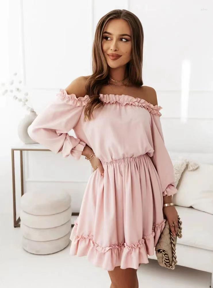 Casual Dresses Sexy Off Shoulder Ruffle A-line Mini Dress Lady Solid Color Long Sleeve Elegant Party Clubwear Women Autumn Clothes