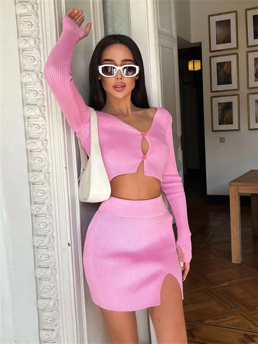 Two Piece Dress wsevypo Women Two-piece Knitted Ribbed Skirt Suit Casual Long Sleeve Button down Crop Tops and Short Wrap Skirt Matching Sets 230720