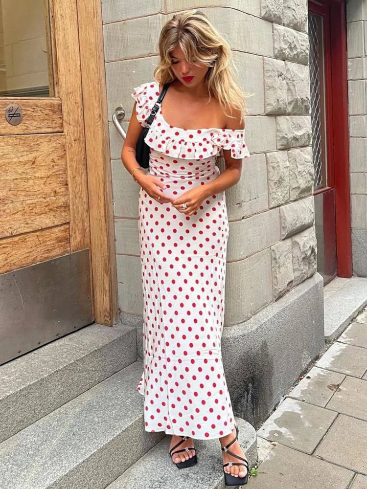 Basic Casual Dresses JULISSA MO Polka Dot Ruffles Bandage Maxi Dress Women Off Shoulder Slim Elegant Party Dress Summer Beach Holiday Sundresses 23072