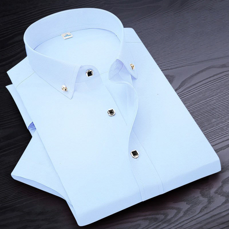 Men's Casual Shirts High Quality Non-ironing Men Dress Shirt Short Sleeve Solid Male Clothing Fit Business Shirts White Blue Navy Black Red 23072