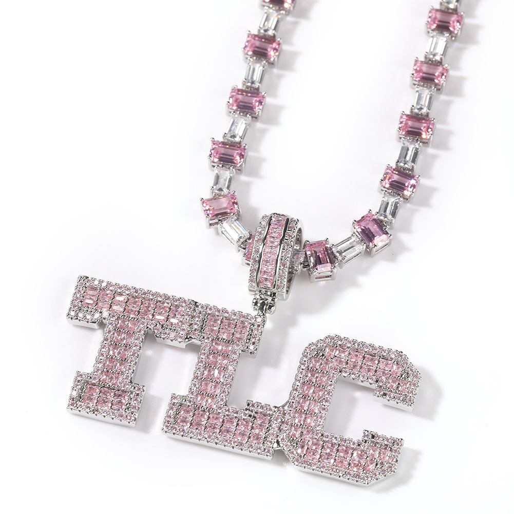 Hip Hop Pink T Zircon A-Z Letters Pendant Necklace with Pink Square Zircon Tennis Chain Rap Jewelry