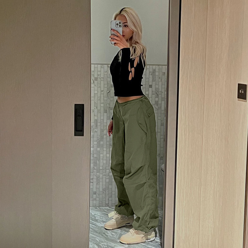 Women's Pants Capris Women Wide Leg Sweatpants Fashion Y2K Loose Drawstring Low Waist Cargo Pants Female Casual Solid Baggy Punk Trousers Streetw