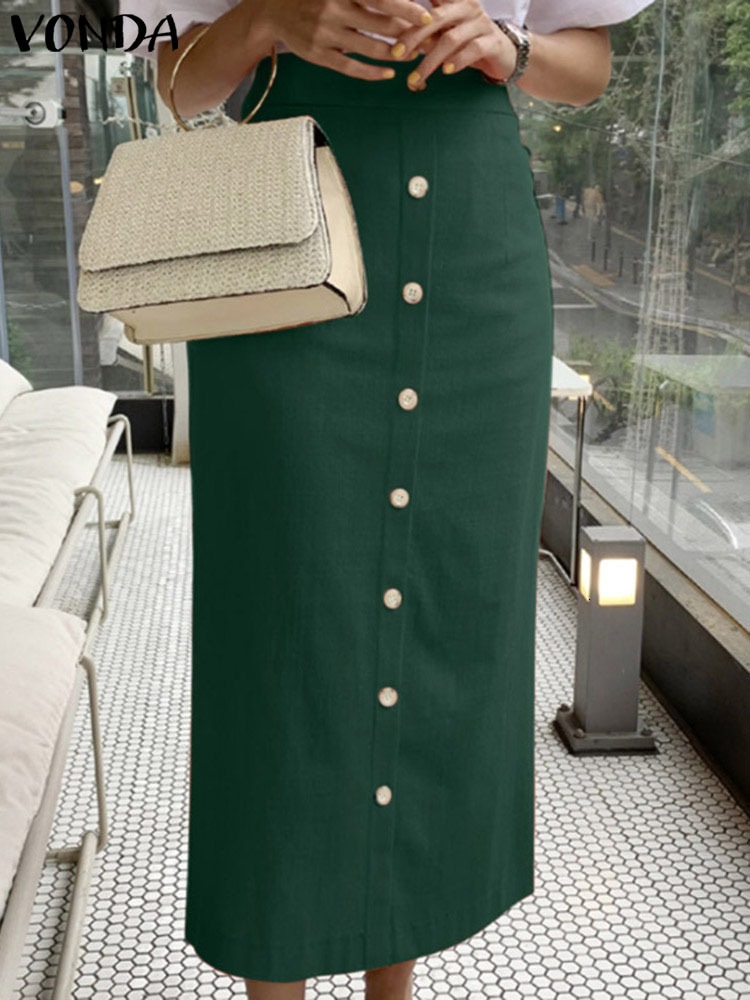 Skirts Elegant Long 2023 Summer VONDA Women Casual Solid Color Buttons Loose Fashion Streetwear Midi Bottom Femme 230720