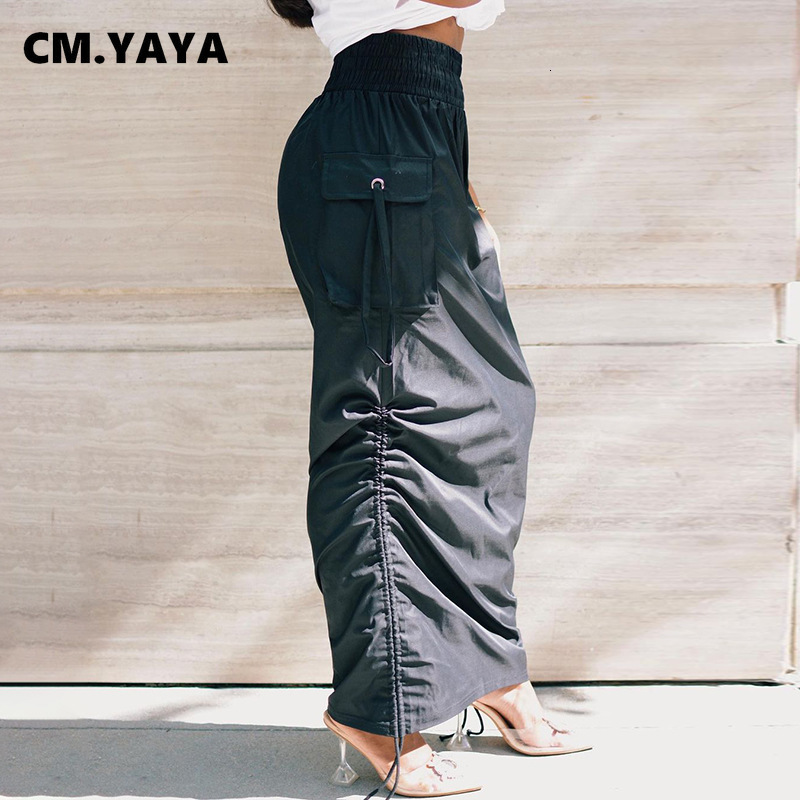 Skirts CMYAYA Loose Side Drawstring Pleating Solid Women Adjustable Length Skirt with Pockets Female Casual Streetwear 230720