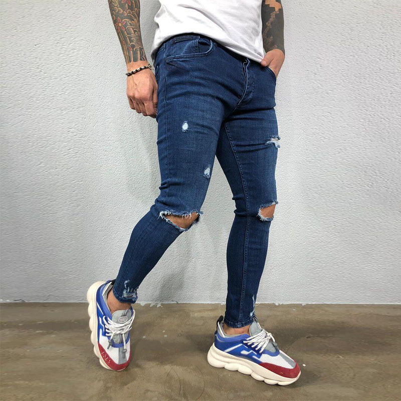 Men's Jeans Men Jeans Knee Hole Ripped Stretch Skinny Denim Pants Solid Color Black Blue Autumn Summer Hip-Hop Style Slim Fit Trousers S-4XL 2307