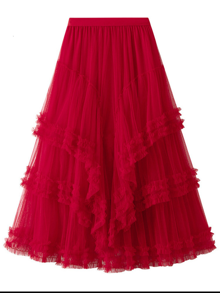 Skirts LANMREM Ruffles Mesh Skirt For Women High Elastic Waist Solid Color Layers Aline Summer Fashion Clothing 2La2166 230720