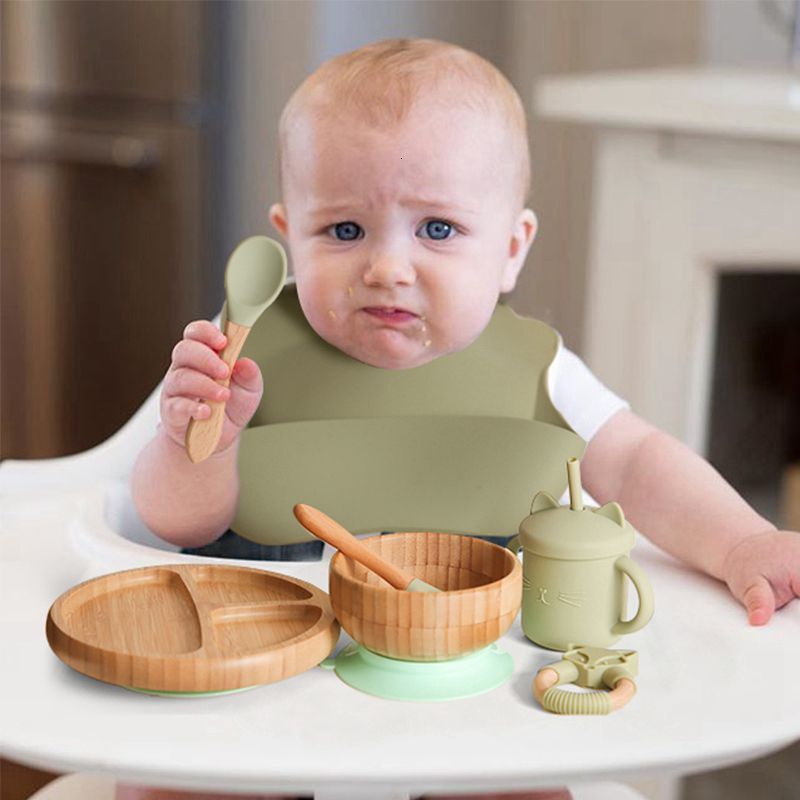 Cups Dishes Utensils 7pcs Bamboo Wood Dinner Plate Feeding Supplies Children's Tableware Suction Plate Bowl BPA Free Baby Stuff born Accessories 