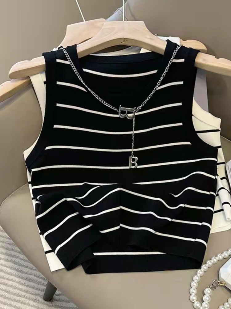 Women's Tanks Camis Spring Summer Striped Knitted Sleeveless Top High Waist Navel Short Vest Tshirt Tops Tank for Women White Corset 230720