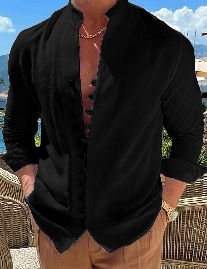 Men's Casual Shirts Men's Solid Color Linen Long Sleeve Shirt Button Shirts Trend vintage Stand Collar Casual Cotton Tops USSize 230720