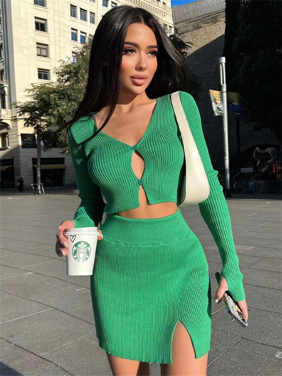 Two Piece Dress wsevypo Women Two-piece Knitted Ribbed Skirt Suit Casual Long Sleeve Button down Crop Tops and Short Wrap Skirt Matching Sets 230720