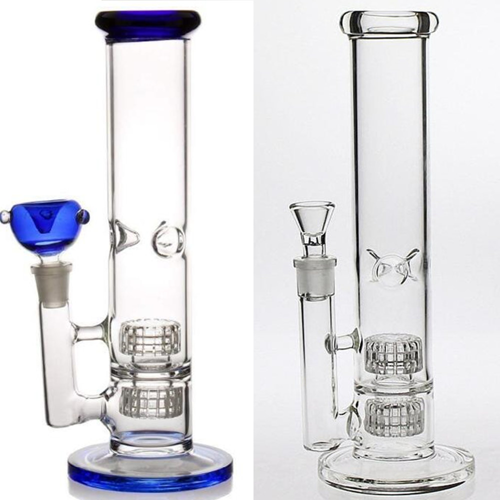 10" tall Blue New Straight Tube glass bongs with colored diffuse stereo matrix perc water pipe hookah bubbler 18mm joint