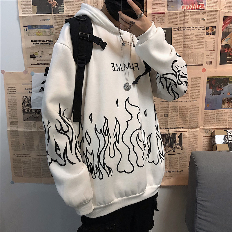 Men's Hoodies Sweatshirts Men Flamme Print Hoodies Unisex Autumn Gothic Casual Oversized Hooded Sweatshirt Hip-Hop Harajuku Loose Sports Pullover
