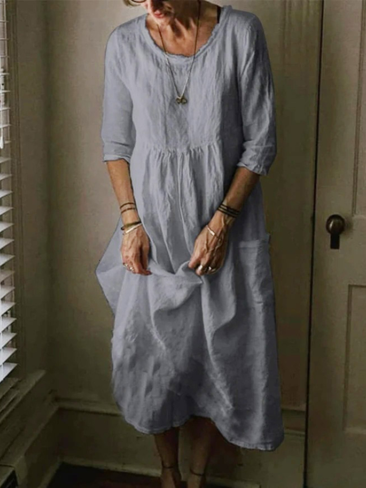 Basic Cotton En Casual S-5Xl Solid Color O-Neck Half Sleeve Women Long Vintage Large Size A-E Dress Summer Autumn Dresses 230720