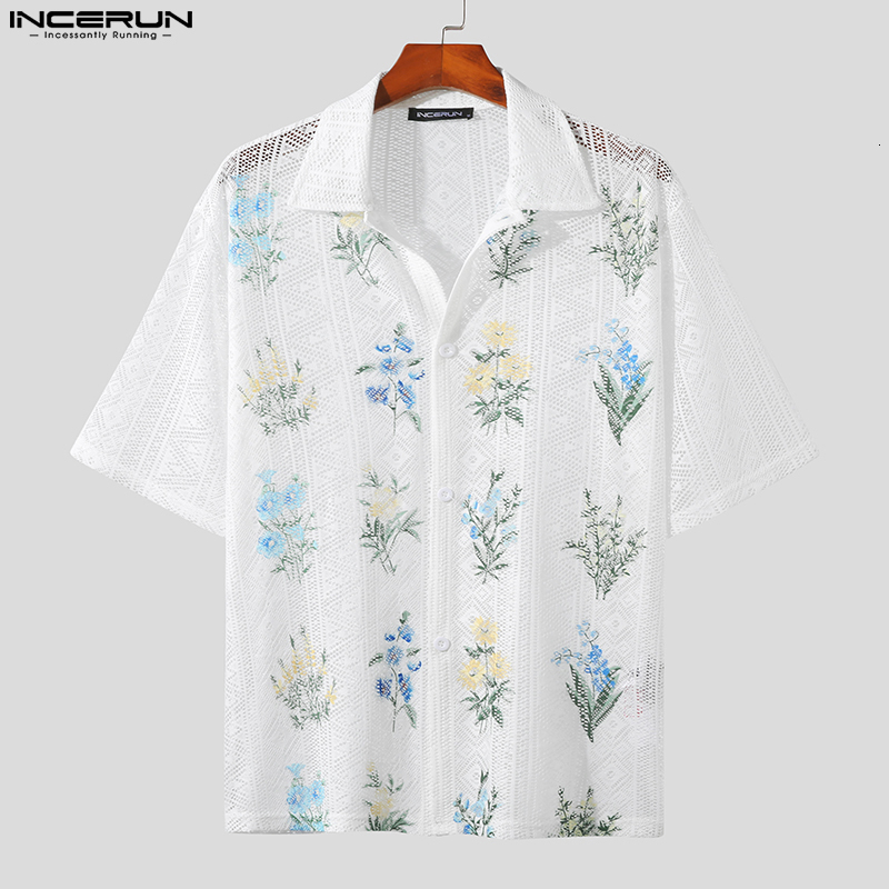 Men's Casual Shirts INCERUN Men Shirt Mesh See Through Lapel Sexy Short Sleeve Lace Button Camisas Streetwear Party Nightclub Men Clothing 7 2307