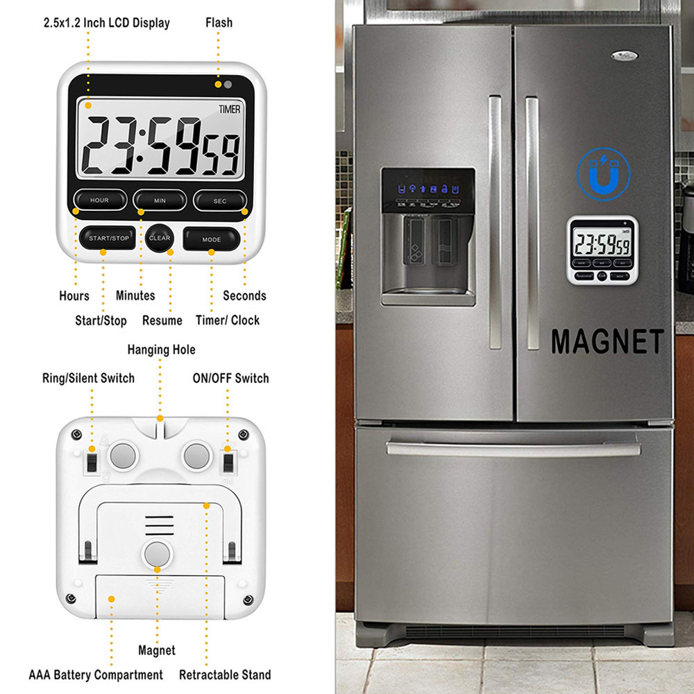 Kitchen Timers Digital Screen Timer Large Display Square Cooking Count Up Countdown Alarm Clock Sleep Stopwatch 230721