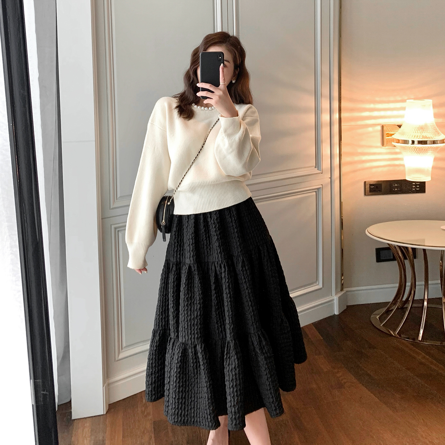 Skirts 2023 Black Skirt High Quality Jacquard Material Women Solid Color Long Pendulum Female Modest Classy With Big Swing 230720