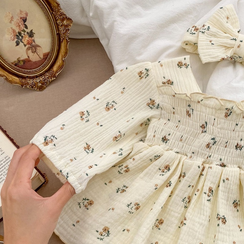 Rompers Cute Baby Girl Floral Dress Romper INS born Kids Long Sleeve Cotton Skirted Bodysuit Headband 2PCS Princess Clothes 230720