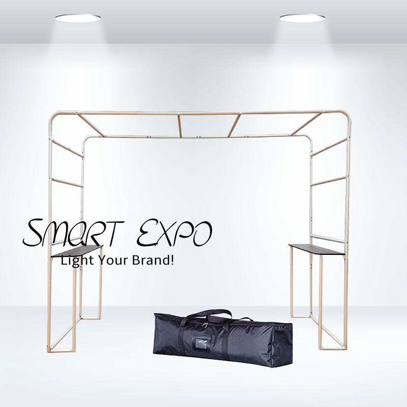 Arch Trade Show Booth with Shelving and Counter for Branding Display