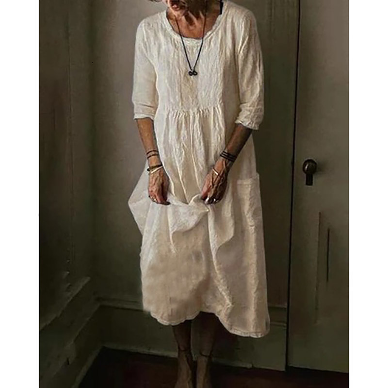 Basic Cotton En Casual S-5Xl Solid Color O-Neck Half Sleeve Women Long Vintage Large Size A-E Dress Summer Autumn Dresses 230720