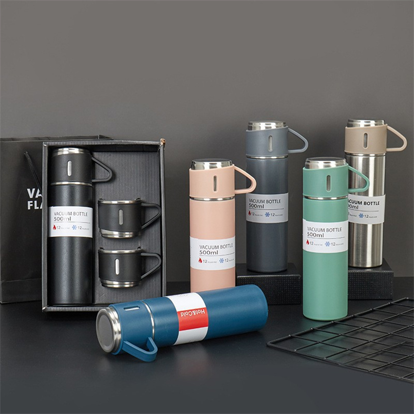 500Ml Stainless Steel Water Bottle Set With 3 Cups Vacuum Insulated Drinking Flask Best Gift For Christmas Business Gifts 5 Colors To Choose