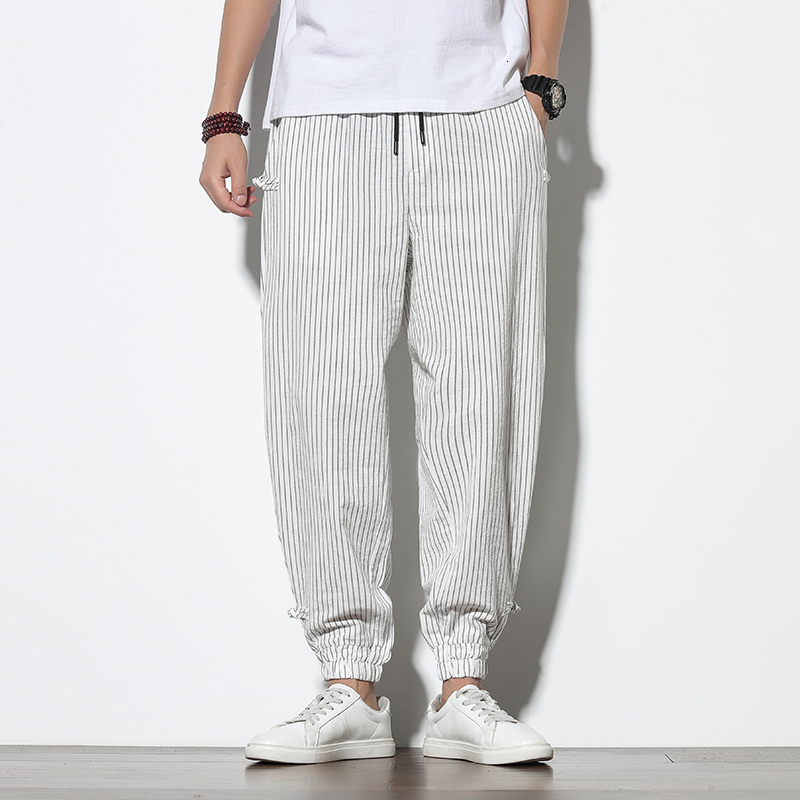 Men's Pants Spring Summer Disc Buckle Striped Harem Pants Mens Breathable Cotton Linen Pencil Pants Buckle Casual Bloomers Fashion Trousers 23072