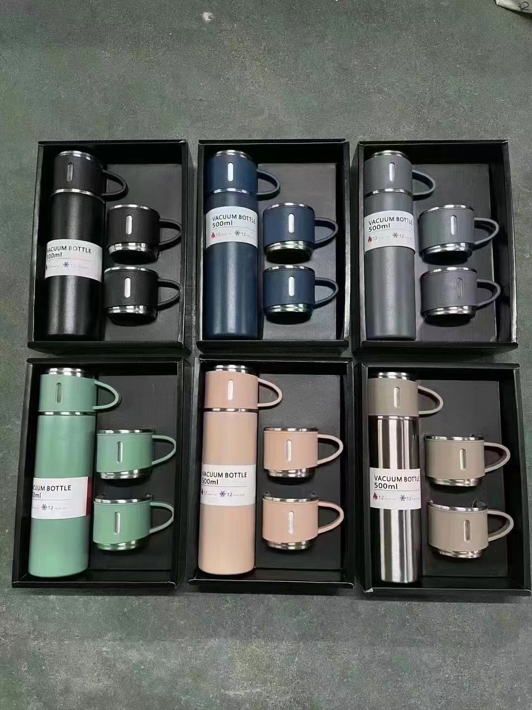 500Ml Stainless Steel Water Bottle Set With 3 Cups Vacuum Insulated Drinking Flask Best Gift For Christmas Business Gifts 5 Colors To Choose