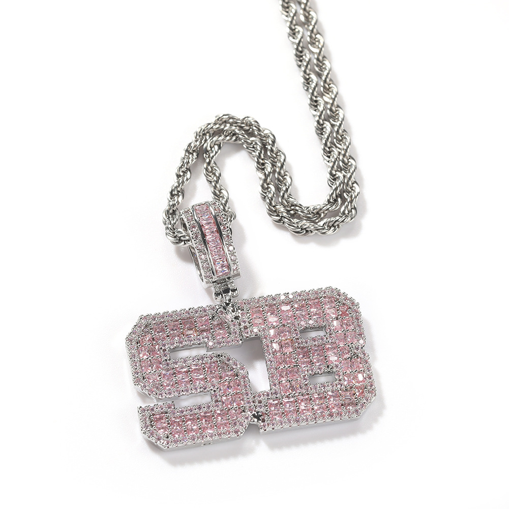 Hip Hop Pink T Zircon A-Z Letters Pendant Necklace with Pink Square Zircon Tennis Chain Rap Jewelry
