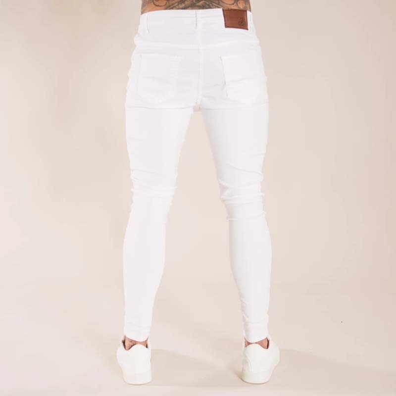 Men's Jeans Mens Jeans Hip Hop White Moto Skinny Ripped Pure Color Elastic Denim Pants Male Casual Waistline Jogging Pencil Pants 230720