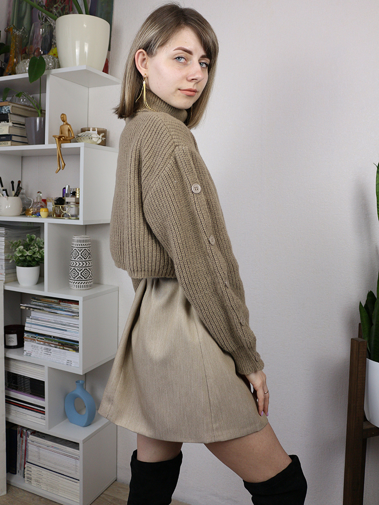 Two Piece Dress Autumn Winter Knit Two Piece Set Women's Single-breasted Turtleneck Cropped Pullover Sweater V-neck Vest Dress Solid Women Suit 2 - view 6