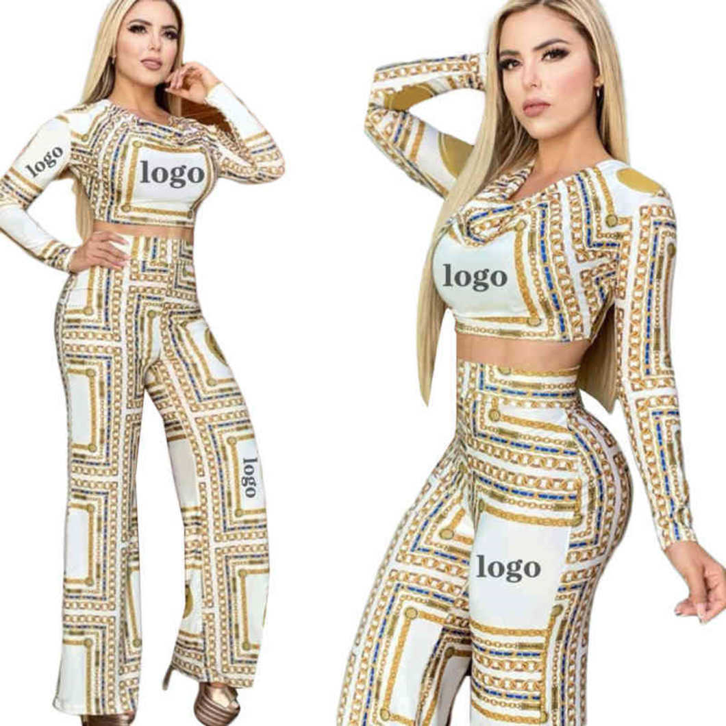 J2618 Womens Fashion Luxury Set Short Top Casual Designer Printed Trousers Two Piece Set