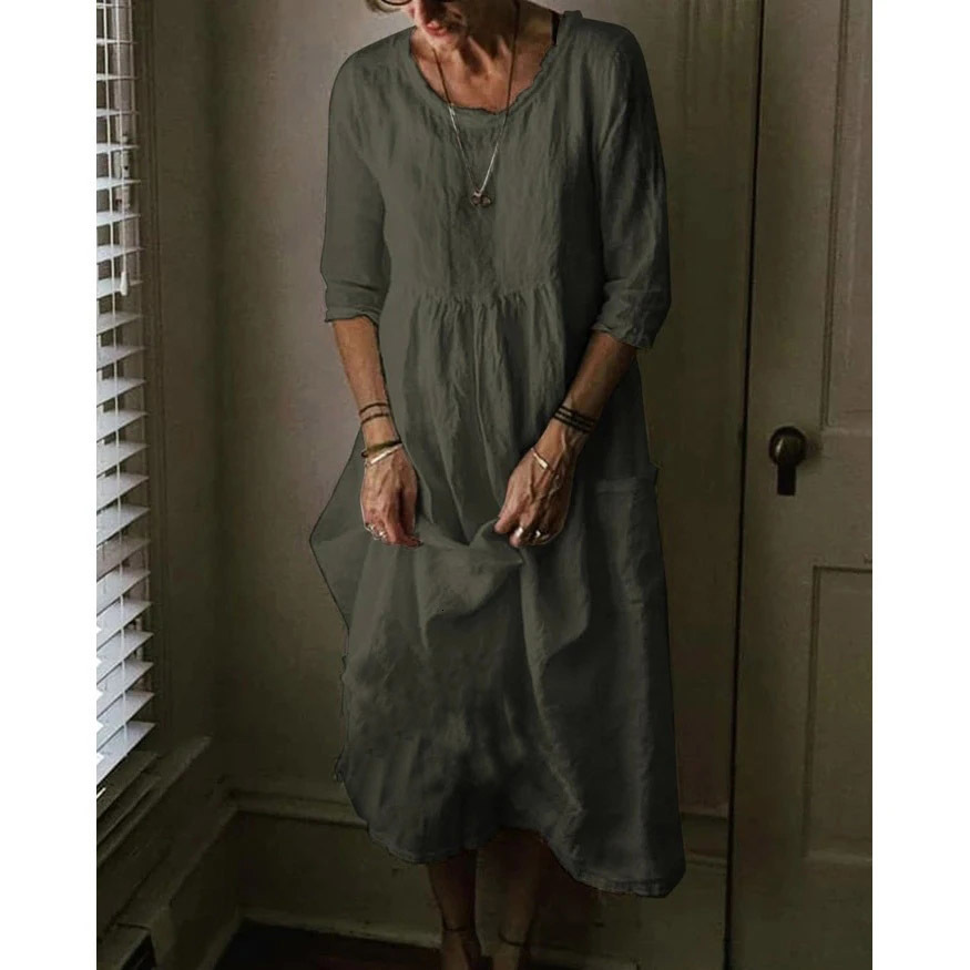 Basic Cotton En Casual S-5Xl Solid Color O-Neck Half Sleeve Women Long Vintage Large Size A-E Dress Summer Autumn Dresses 230720
