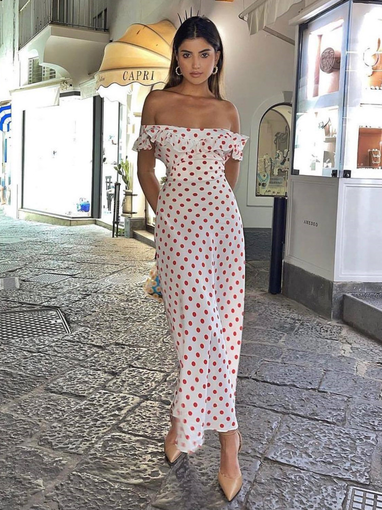 Basic Casual Dresses JULISSA MO Polka Dot Ruffles Bandage Maxi Dress Women Off Shoulder Slim Elegant Party Dress Summer Beach Holiday Sundresses 23072